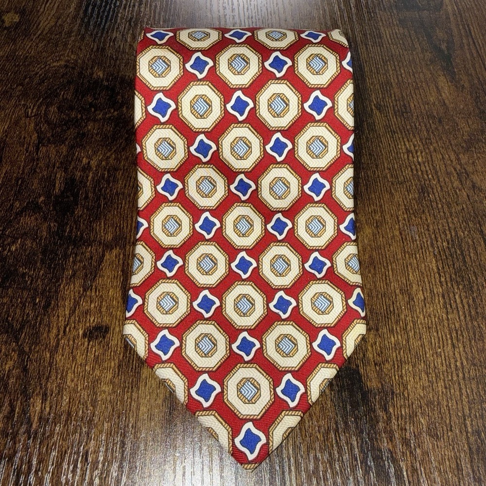 Vintage Christian Dior Silk Tie Red Gold Blue Medallion  Paris Geometric EUC!!